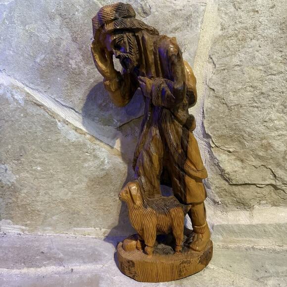 VTG 1975 Hand Carved Olive Wood Statue Man Sheep Shepherd 15" Old City Jerusalem - Picture 1 of 16